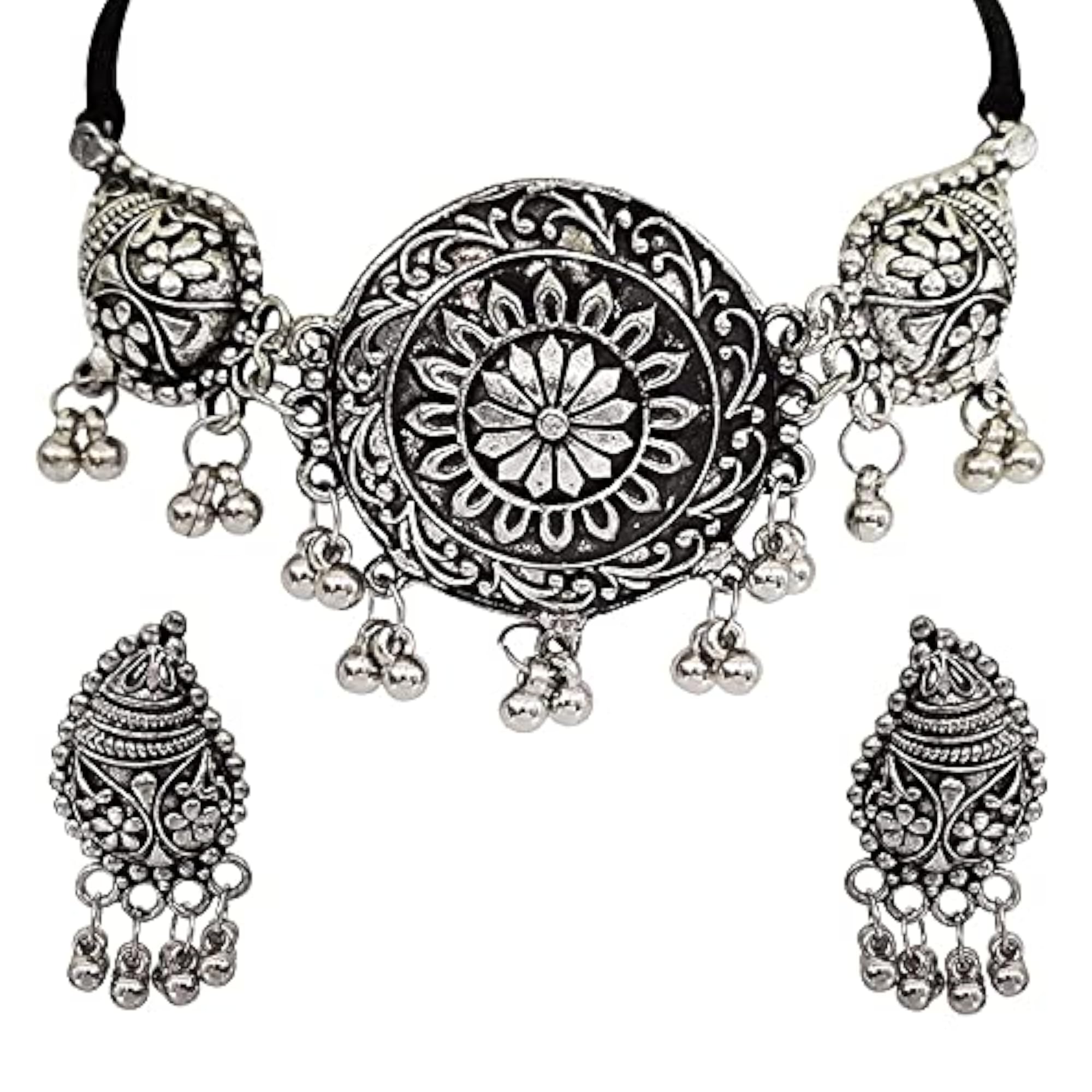 Stylish Traditional Oxidised Silver Necklace Jewellery Set